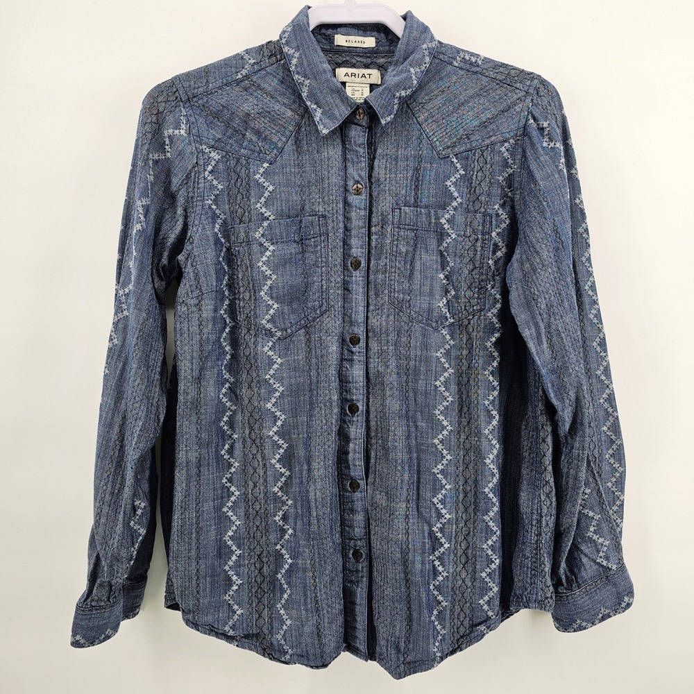 Ariat Button Down Billie Jean Shirt Womens Medium Blue Embroidered Western